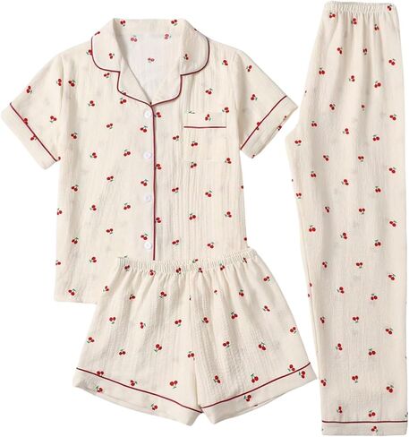 GORGLITTER Women's 3 Piece Cute Pajamas Cherry Short Sleeve Button Down Shirt and Shorts Pants Set Loungewear in Saudi Arabia