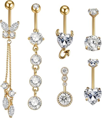 OIDEA Belly Button Rings for Women: 6 PCS 14G Gold Zircon Butterfly Tassel Heart Shape Surgical Steel Hanging Dangle Curved Navel Rings Belly Button Body Piercing Jewelry Set in Saudi Arabia