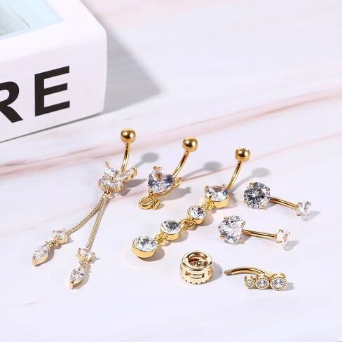 OIDEA Belly Button Rings for Women: 6 PCS 14G Gold Zircon Butterfly Tassel Heart Shape Surgical Steel Hanging Dangle Curved Navel Rings Belly Button Body Piercing Jewelry Set in Saudi Arabia