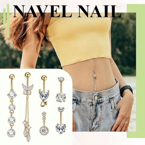 OIDEA Belly Button Rings for Women: 6 PCS 14G Gold Zircon Butterfly Tassel Heart Shape Surgical Steel Hanging Dangle Curved Navel Rings Belly Button Body Piercing Jewelry Set in Saudi Arabia