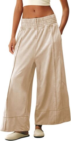 Tanming Womens Wide Leg Pants Casual Elastic High Waisted Palazzo Pant Loose Cotton Sweatpants with Pockets in Saudi Arabia