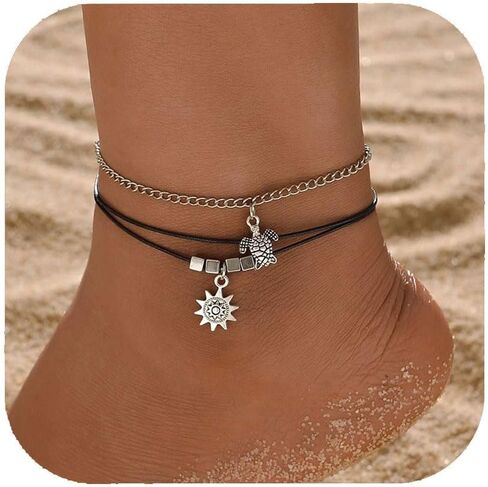 Silver Sea Turtle Ankle Bracelet for Women Adjustable Chain Sea Turtle Sun Anklets Summer Beach Ankles Waterproof Jewelry for Women in Saudi Arabia
