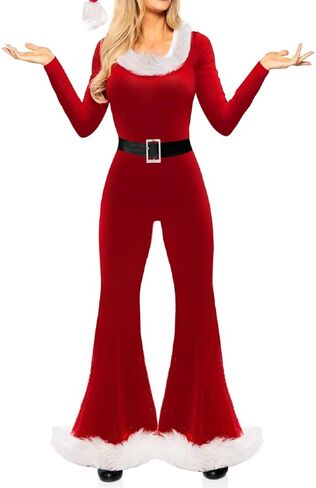 Argeousgor Santa Claus Costume Womens Christmas Jumpsuit Christmas Hat Faux Fur Trim Belted Bell-Bottom Santa Outfit in Saudi Arabia