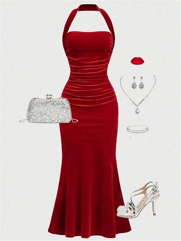 Floerns Girl's Velvet Halter Neck Maxi Dress Ruched Fishtail Bodycon Birthday Cocktail Party Dresses in Saudi Arabia