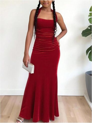 Floerns Girl's Velvet Halter Neck Maxi Dress Ruched Fishtail Bodycon Birthday Cocktail Party Dresses in Saudi Arabia