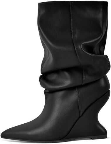 Women's Slouchy Mid Calf Boots Pointed Toe Pull On Wide Calf Wedge Booties Ruched Short Boots for Fall Winter Casual Dress in Kuwait