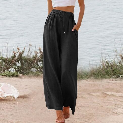 Women's Cotton Linen Palazzo Pants - Flowy Wide Leg Summer Trousers with Pockets in Saudi Arabia