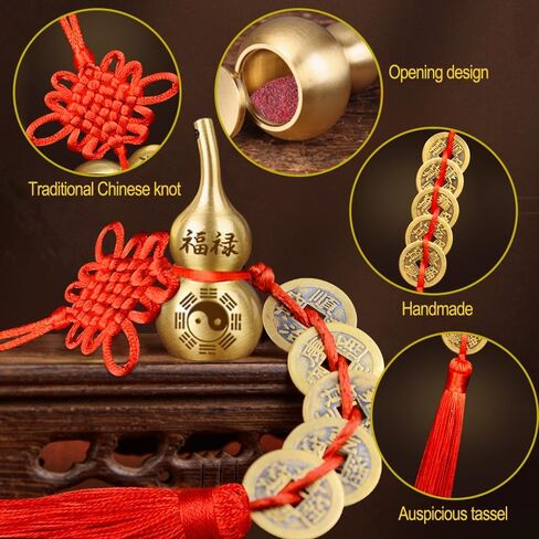 Fu Lu Pure Copper Gourd النحاس النقي Five Emperor Money - تصميم عقدة صيني رائع مع شرابة من الباب إلى الباب - تزيين بأناقة in Saudi Arabia