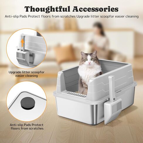 Medium-Size Stainless Steel Cat Litter Box with Lid, Metal Litter Box with High Side, Kitten Litter Box, Indoor Litter Tray (Non Sticky, Easy to Clean, Anti-Urine Leakage) in Saudi Arabia