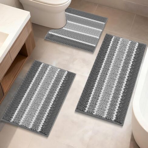 ArtyCozy Chenille Bathroom Rugs 3 Pieces, Extra Thick Absorbent Non Slip Bath Mats with U-Shaped Toilet Rug, Soft Plush Bath Floor Mat Machine Washable, Grey, 17"x24" Plus 20"x32" Plus 20"x24" in Saudi Arabia