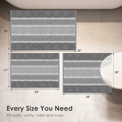 ArtyCozy Chenille Bathroom Rugs 3 Pieces, Extra Thick Absorbent Non Slip Bath Mats with U-Shaped Toilet Rug, Soft Plush Bath Floor Mat Machine Washable, Grey, 17"x24" Plus 20"x32" Plus 20"x24" in Saudi Arabia