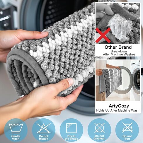 ArtyCozy Chenille Bathroom Rugs 3 Pieces, Extra Thick Absorbent Non Slip Bath Mats with U-Shaped Toilet Rug, Soft Plush Bath Floor Mat Machine Washable, Grey, 17"x24" Plus 20"x32" Plus 20"x24" in Saudi Arabia