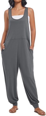 Women's Summer U Neck Jumpsuit Casual Sleeveless Overalls Loose Long Pants Comfortable Rompers with Pockets in Saudi Arabia