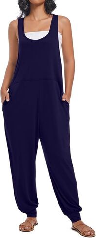 Women's Summer U Neck Jumpsuit Casual Sleeveless Overalls Loose Long Pants Comfortable Rompers with Pockets in Saudi Arabia