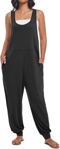 Women's Summer U Neck Jumpsuit Casual Sleeveless Overalls Loose Long Pants Comfortable Rompers with Pockets in Saudi Arabia
