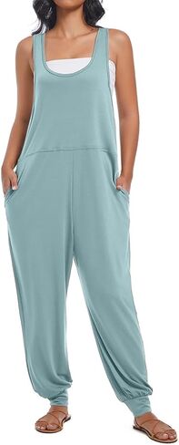 Women's Summer U Neck Jumpsuit Casual Sleeveless Overalls Loose Long Pants Comfortable Rompers with Pockets in Saudi Arabia