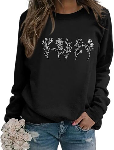 Flower Graphic Sweatshirt Women Vintage Floral Printed Long Sleeves Shirt Crewneck Hoodie Loose Fall Pullovers Tops in Saudi Arabia