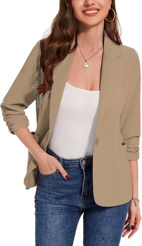 MINTLIMIT Womens Casual Blazers 3/4 Ruched Sleeve One Button Blazer Lapel Collar Business Office Suit Jacket with Pockets in Saudi Arabia