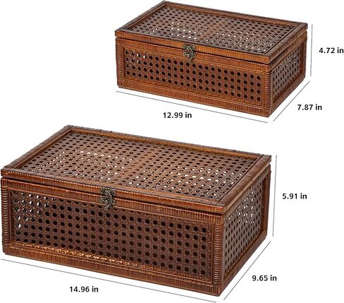 مجموعة صناديق تخزين الروطان المنسوجة يدويًا مكونة من 2، صندوق خوص خشبي مزخرف مع أغطية ومزالج، صناديق تخزين بوهو عتيقة لغرفة المعيشة وغرفة النوم وديكور المنزل in Kuwait