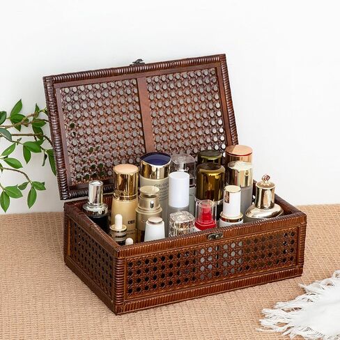 مجموعة صناديق تخزين الروطان المنسوجة يدويًا مكونة من 2، صندوق خوص خشبي مزخرف مع أغطية ومزالج، صناديق تخزين بوهو عتيقة لغرفة المعيشة وغرفة النوم وديكور المنزل in Kuwait