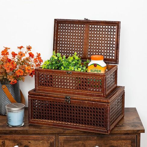 مجموعة صناديق تخزين الروطان المنسوجة يدويًا مكونة من 2، صندوق خوص خشبي مزخرف مع أغطية ومزالج، صناديق تخزين بوهو عتيقة لغرفة المعيشة وغرفة النوم وديكور المنزل in Kuwait