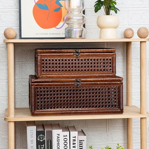 مجموعة صناديق تخزين الروطان المنسوجة يدويًا مكونة من 2، صندوق خوص خشبي مزخرف مع أغطية ومزالج، صناديق تخزين بوهو عتيقة لغرفة المعيشة وغرفة النوم وديكور المنزل in Kuwait