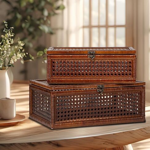 مجموعة صناديق تخزين الروطان المنسوجة يدويًا مكونة من 2، صندوق خوص خشبي مزخرف مع أغطية ومزالج، صناديق تخزين بوهو عتيقة لغرفة المعيشة وغرفة النوم وديكور المنزل in Kuwait