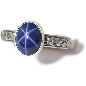 Oval Created Blue Star Sapphire Ring Vine Pattern Vintage Silver in Kuwait