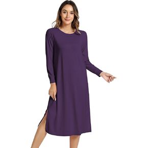 NACHILA Women's Nightgowns-Viscose Made from Bamboo, Long Sleeve Nightshirt Soft Sleepwear Casual Sleep Dress with Pockets in Kuwait