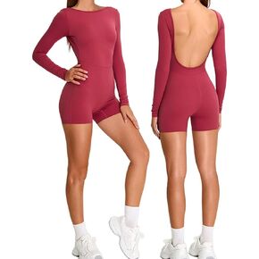 Women Backless Romper Long Sleeve Athletic Scoop Neck Short Jumpsuits Workout One Piece Bodysuit in Saudi Arabia