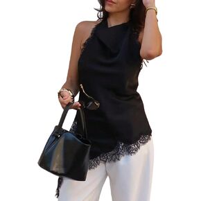 Verdusa Women's Lace Flowy Halter Tops Satin Sleeveless Cowl Neck High Low Top Going Out Outfits in Saudi Arabia