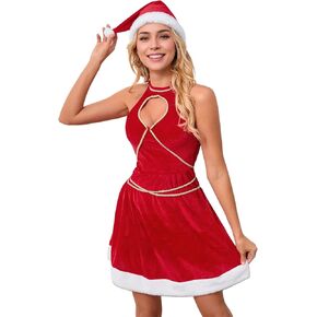Khanda Women's Christmas Costumes Halter Neck Sexy Santa Dress Christmas Outfits 2PCS A Line Velvet Xmas Party Dress in Saudi Arabia