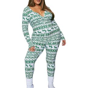 Christmas Onesies For Women One Piece Pajamas Sexy Button Down Pattern Print Bodycon Jumpsuit Bodysuit Sleepwear in Kuwait