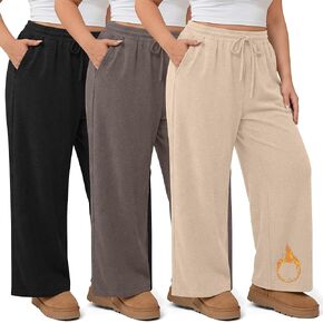 3 Pack Women's Plus Size Pants Fleece Lined Wide Leg Sweatpants with Pocket High Waist Drawstring Yoga Lounge Pants in Kuwait