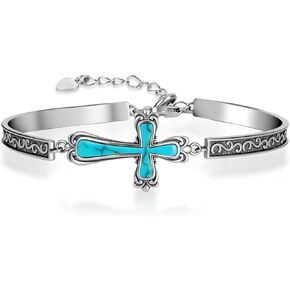 Vintage Genuine Natural Real Turquoise Cross Bracelet 925 Sterling Silver Oxidized Finish Inspirational Religion Christian Faith Jewelry for Women in Kuwait