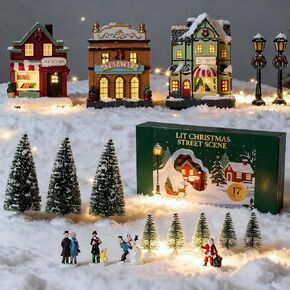 Christmas Village Set 17-Piece, LED Lighted Houses & Figurines, Perfect for Holiday Tabletop Mantel Display Decor in Kuwait