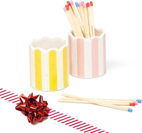 2 Pack Ceramic Match Holder with Striker – Scalloped Match Pot for Strike Anywhere Matches – Boho Decorative Matchstick Holder – Pink & Yellow – Candle Accessory (Matches Not Included) in Saudi Arabia