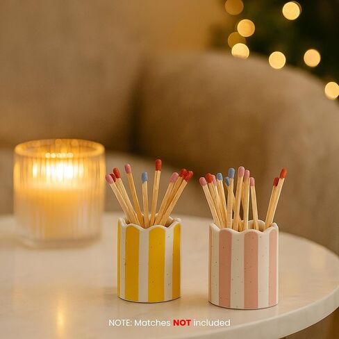 2 Pack Ceramic Match Holder with Striker – Scalloped Match Pot for Strike Anywhere Matches – Boho Decorative Matchstick Holder – Pink & Yellow – Candle Accessory (Matches Not Included) in Saudi Arabia