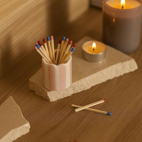 2 Pack Ceramic Match Holder with Striker – Scalloped Match Pot for Strike Anywhere Matches – Boho Decorative Matchstick Holder – Pink & Yellow – Candle Accessory (Matches Not Included) in Saudi Arabia