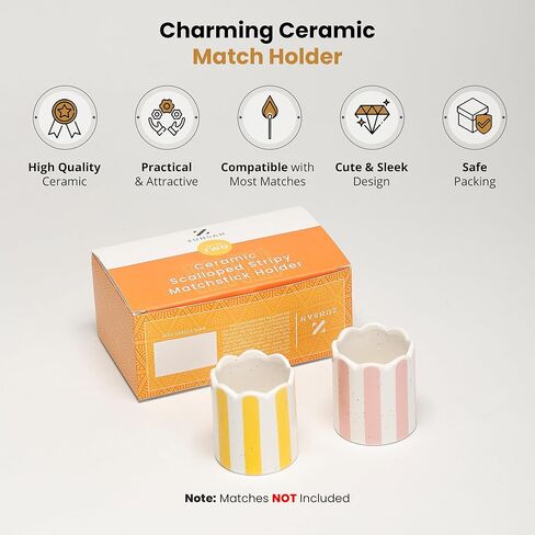 2 Pack Ceramic Match Holder with Striker – Scalloped Match Pot for Strike Anywhere Matches – Boho Decorative Matchstick Holder – Pink & Yellow – Candle Accessory (Matches Not Included) in Saudi Arabia