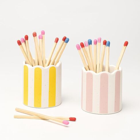 2 Pack Ceramic Match Holder with Striker – Scalloped Match Pot for Strike Anywhere Matches – Boho Decorative Matchstick Holder – Pink & Yellow – Candle Accessory (Matches Not Included) in Saudi Arabia