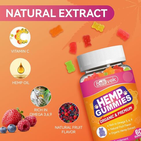Hemp Oil Gummies with Vitamin C – Vegan, Organic, Non-GMO, Gluten-Free, Fruity Flavor, 60 Gummies(1Pack) in Saudi Arabia