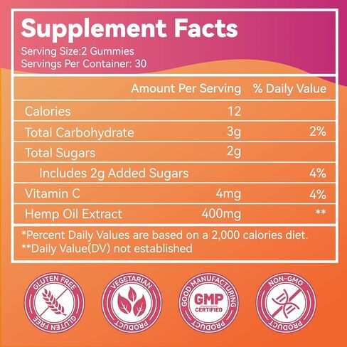 Hemp Oil Gummies with Vitamin C – Vegan, Organic, Non-GMO, Gluten-Free, Fruity Flavor, 60 Gummies(1Pack) in Saudi Arabia