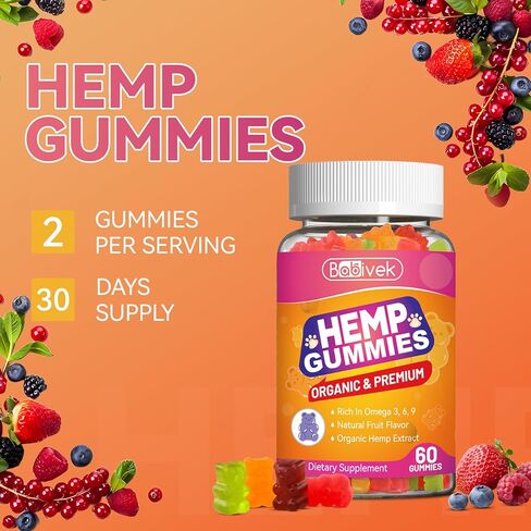 Hemp Oil Gummies with Vitamin C – Vegan, Organic, Non-GMO, Gluten-Free, Fruity Flavor, 60 Gummies(1Pack) in Saudi Arabia