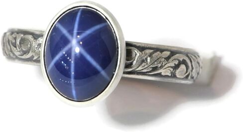 Oval Created Blue Star Sapphire Ring Vine Pattern Vintage Silver in Kuwait