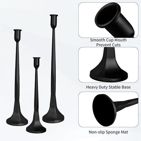 Set of 3 Taper Candle Holders, Cast Iron Candlestick Holders Tall for Wedding, Dining Table, Halloween & Fall Decor, Home Decoration (Black, 12" 14" 15.5") in Saudi Arabia