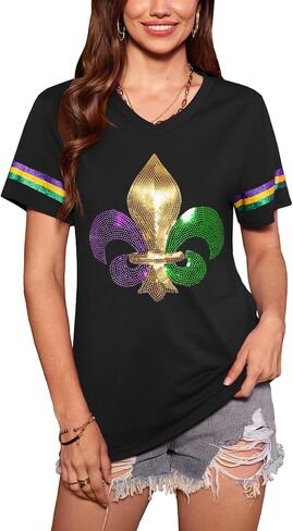 Women St Patricks Day V Neck Clover T Shirts Lucky Irish Shamrock Printed Sequin Short Sleeve Tops in Saudi Arabia