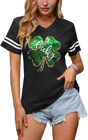Women St Patricks Day V Neck Clover T Shirts Lucky Irish Shamrock Printed Sequin Short Sleeve Tops in Saudi Arabia