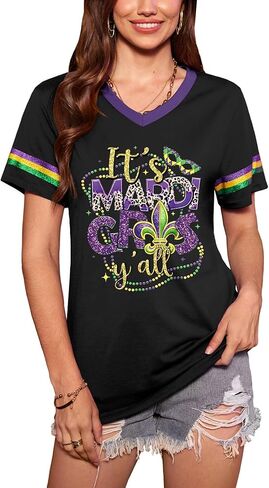 Women St Patricks Day V Neck Clover T Shirts Lucky Irish Shamrock Printed Sequin Short Sleeve Tops in Saudi Arabia