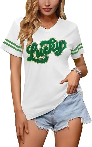 Women St Patricks Day V Neck Clover T Shirts Lucky Irish Shamrock Printed Sequin Short Sleeve Tops in Saudi Arabia